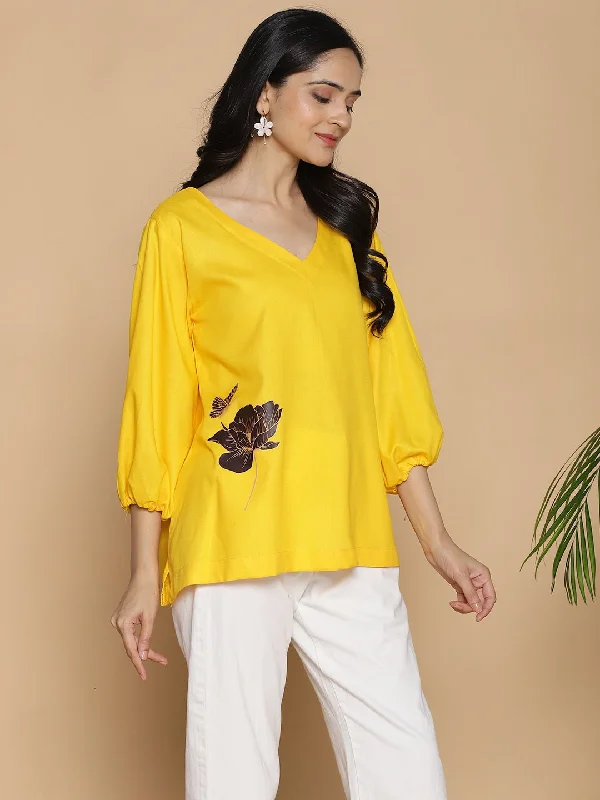 Yellow Rayon Top - WildflowerWhirl Artistic Women's Hand - painted