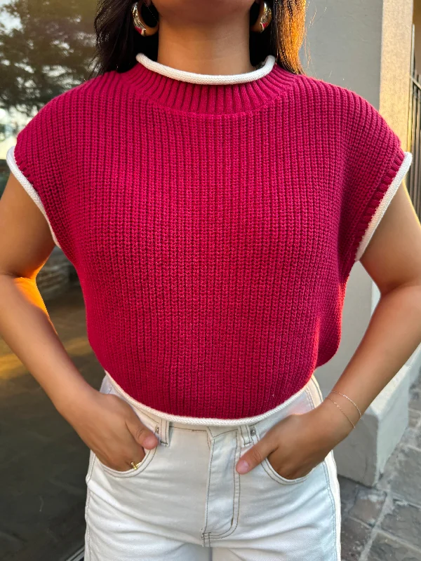 Crimson White Contrast Knit Top Feminine Women's Style 