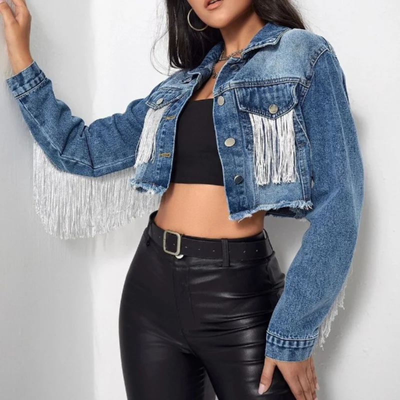 Fringe Detail Long Sleeve Cropped Denim Jacket Monochromatic Office Style