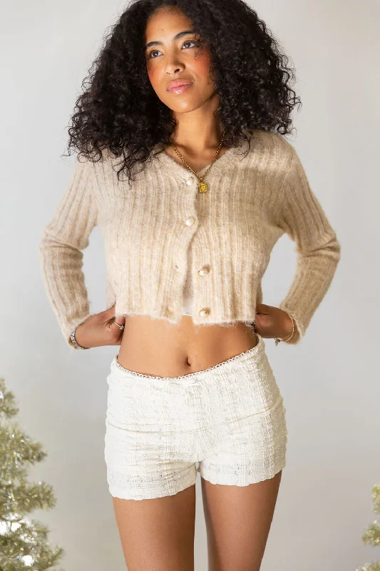 Pearl Button Ribbed Knit Cardigan Feminine Women's Soft 