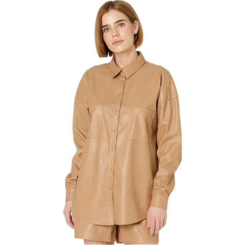 n:philanthropy Womens Vegan Leather Button Up Shirt, Brown, Small Elegant Women's 