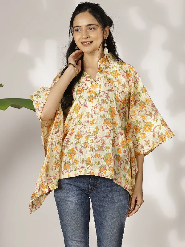 YellowFloral Cotton Kaftan Top Feminine Women's Soft 